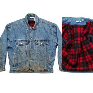 Eddie Bauer Men's Sz M Medium Plaid Flannel Lined Denim Trucker Jacket Coat Vntg